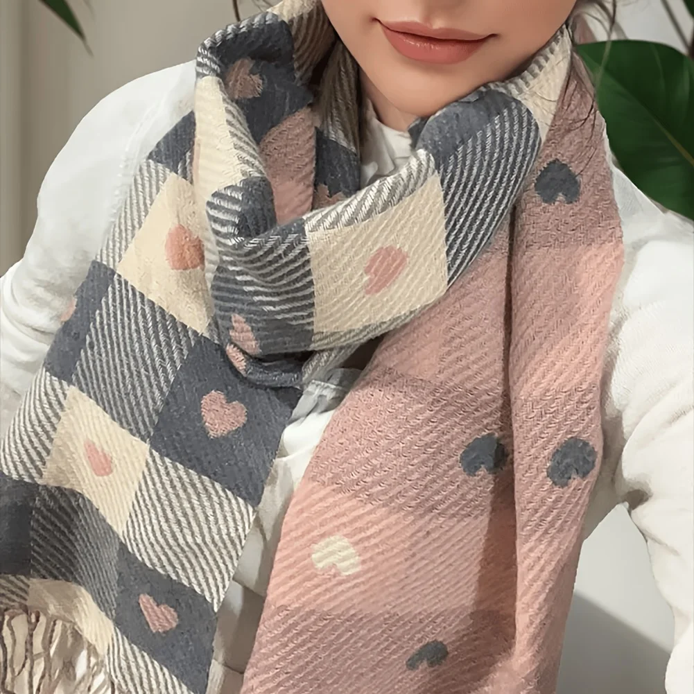 1Pcs Fall Winter Warm Heart Pattern Tassel Scarf Set, Pink & Coffee, Couple Scarves, Halloween Gift