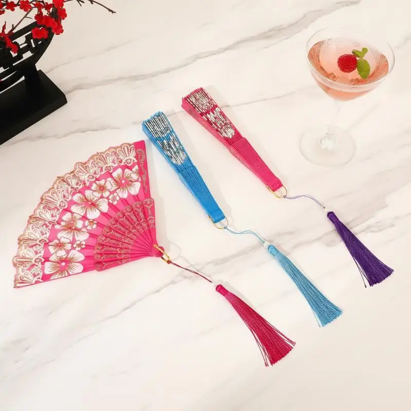 New！Chinese-Style Flowers Folding Fan For Performances & Hanfu Photos With Elegant Floral & Pearl Tassels Design Festive Decor