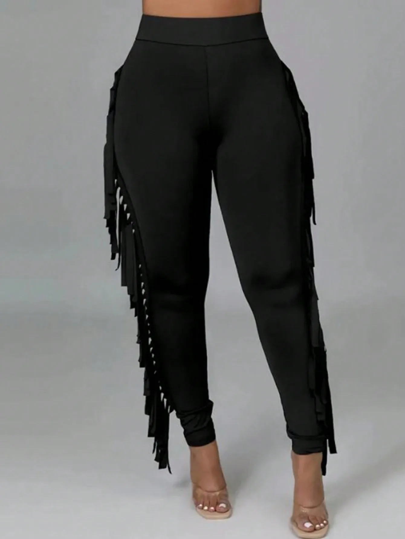 

Черные женские брюки больших размеров с высокой талией и кисточками, облегающие повседневные леггинсы