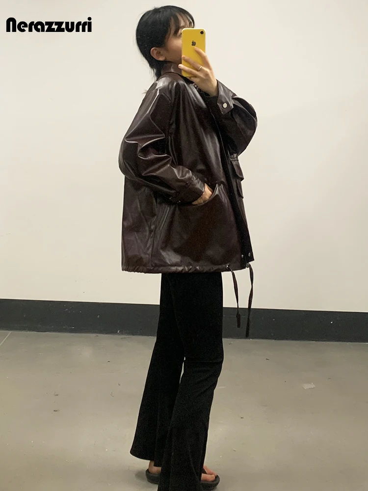 Nerazzurri Spring Autumn Oversized Cool Chic Brown Black Soft Faux Leather Jacket Women Zipper Loose Casual Korean Fashion 2023