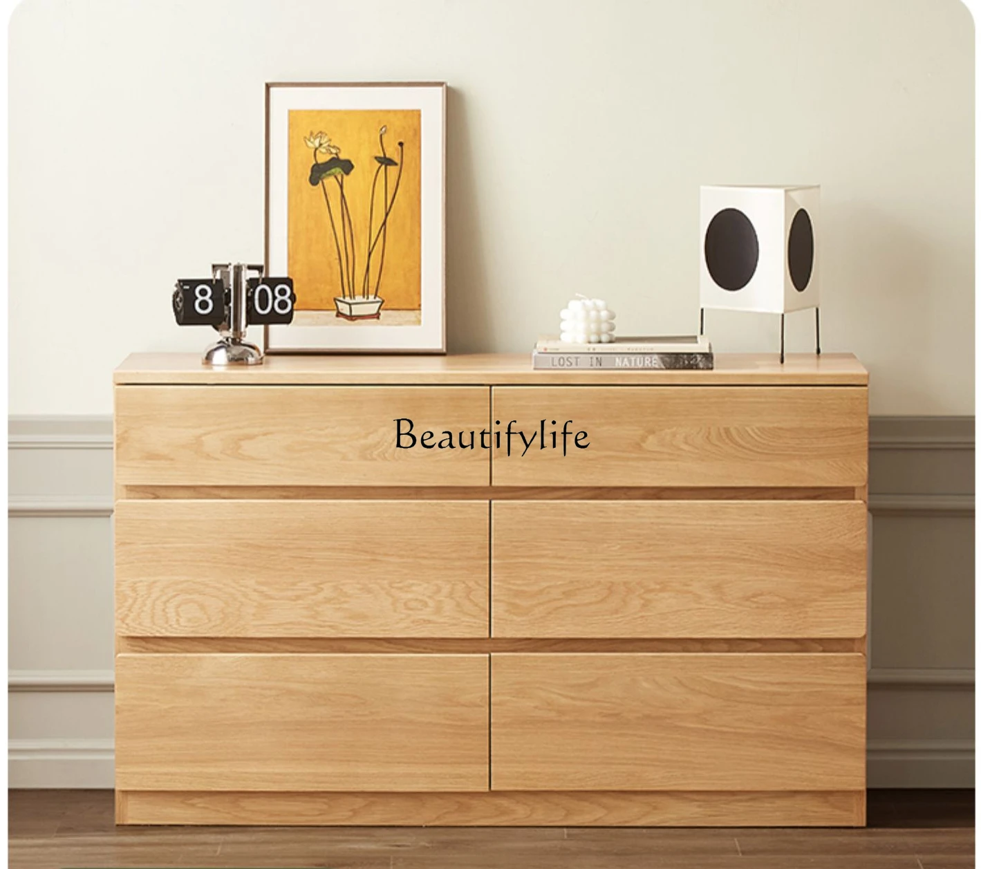 Solid Wood Dresser Chest of Drawers Integrated White Oak Makeup Table Bedroom Ultra-Thin Bed Front Cabinet