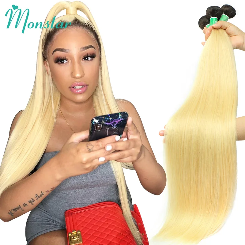 Monstar 1B 613 Ombre Blonde Bundles 8 - 32 inch Dark Roots with #613 Remy Hair Weave 1/3/4 Peruvian Straight Human Hair Bundles