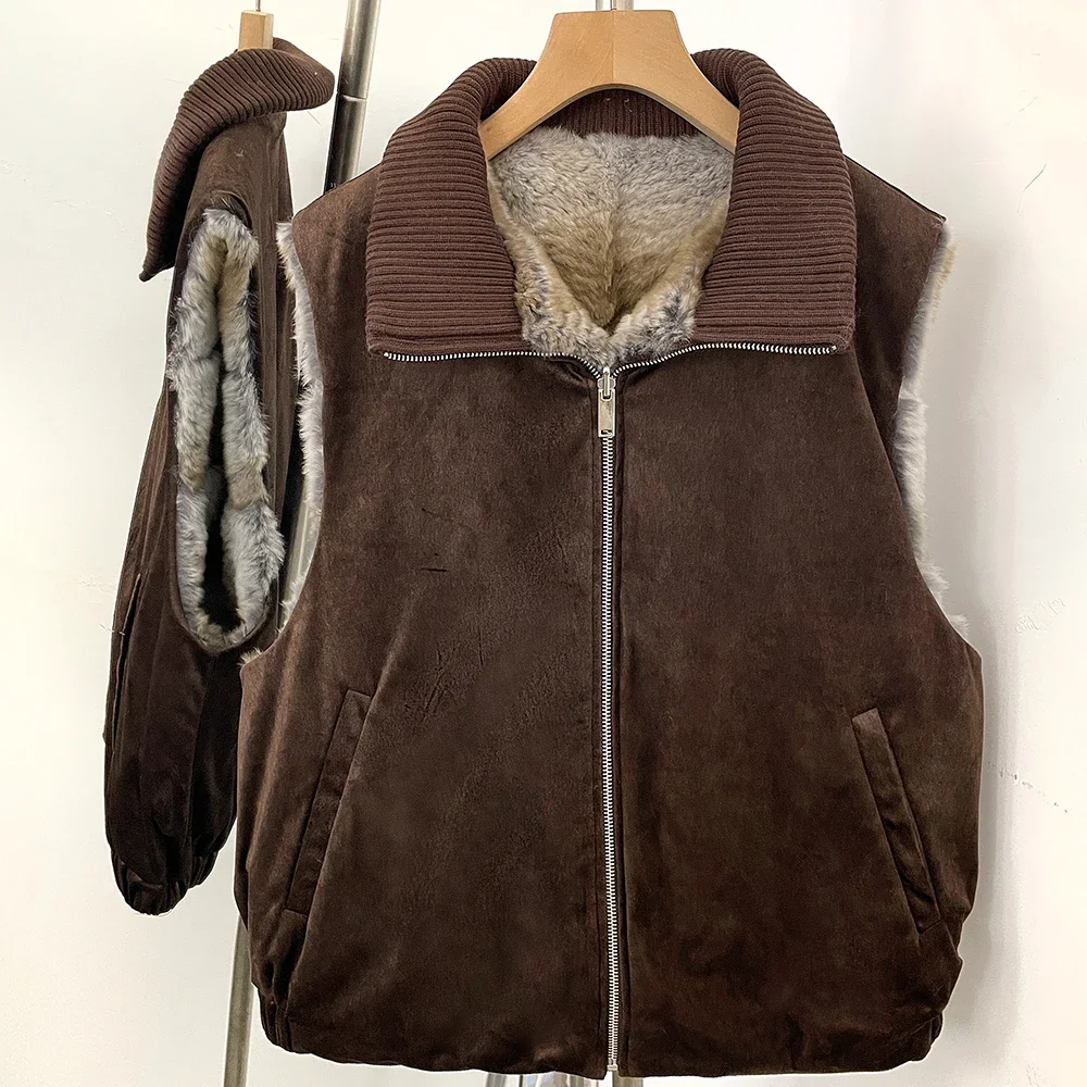 OFTBUY Knit Collar Zip Up Two Sides Wear Fur Waist Coat Women Reversible Real Rabbit Fur Vest New Winter Fur Clothing Female