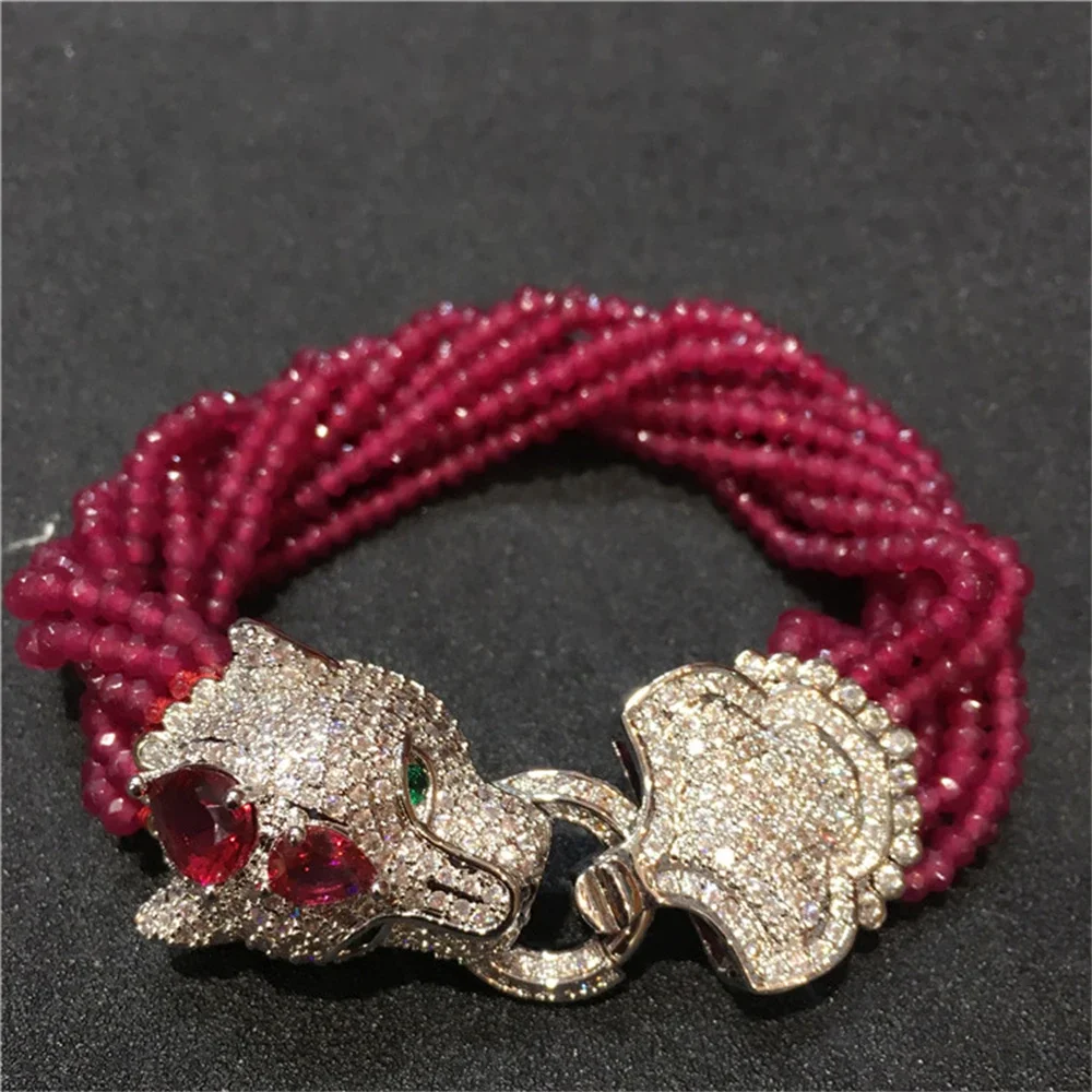 Handmade leopard head micro inlay zircon clasp purple jade multi-rows bracelet gift box packing