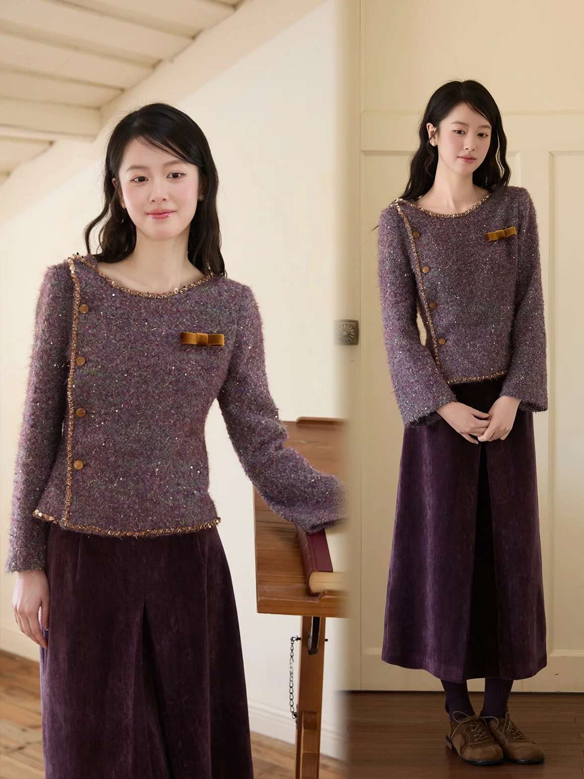 

Комплект LelezStudio Commuter Sle Winter Fashion: Яркий твидовый костюм-двойка Cold Brew Purple для женщин