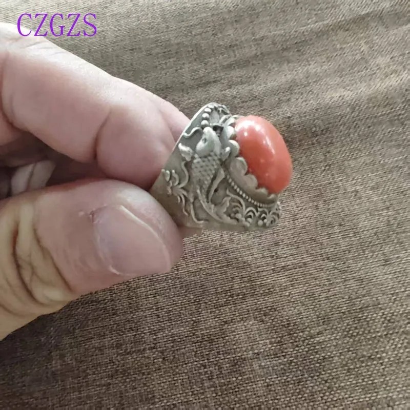 Ethnic Retro Adjustable Ring for Men Women, Relief Koi Pattern Metal Ring, Oval Red Imitation Coral Stone Tribal Finger Ornament