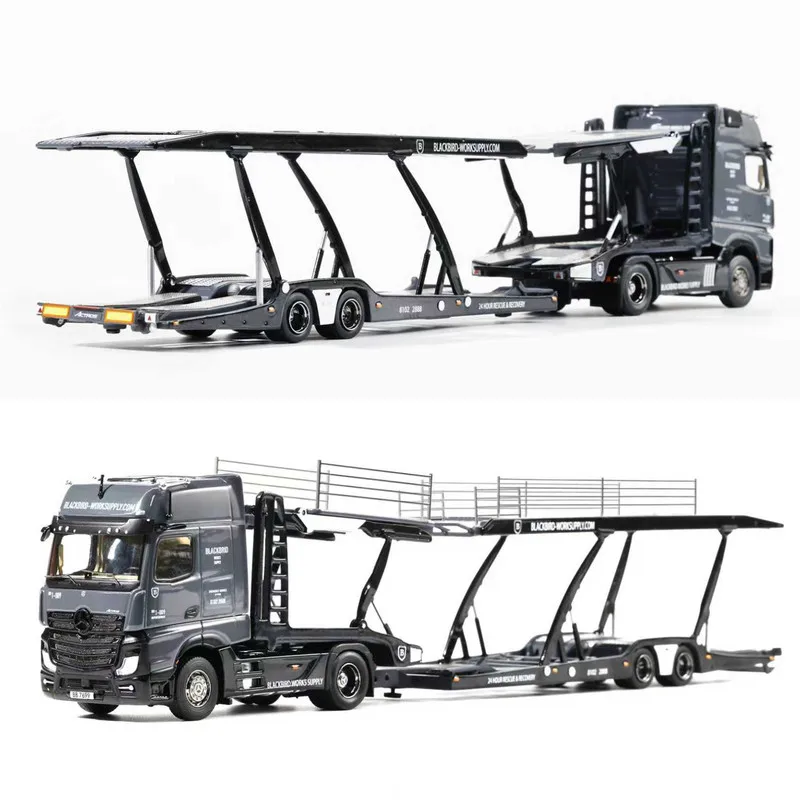 GCD 1:64 Heavy‑Duty Truck Diecast Alloy Model,Blackbird Paint Finish 8‑Car Transporter with Lifting Trailer for Hobby Collectors