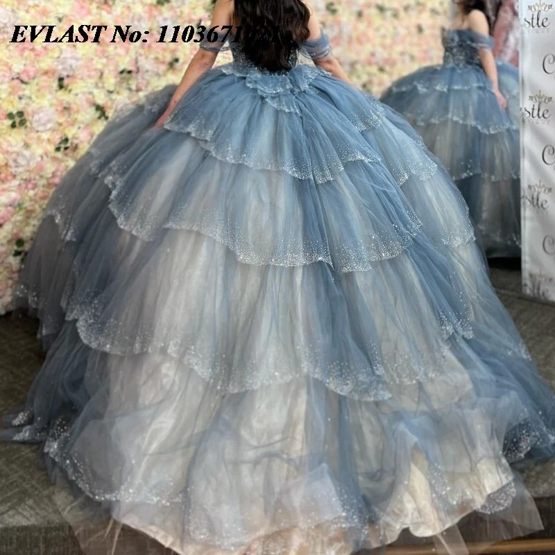 EVLAST Customized Mexico Grey Quinceanera Dress Ball Gown Applique Beading Tiered Corset Sweet 16 Vestidos De XV 15 Anos SQ68