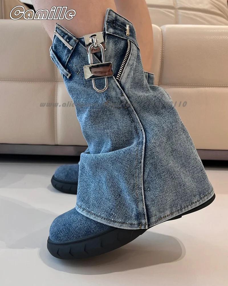 

Retro Denim Blue Punk Style With Lock Thick Sole Boots Round Toe Platform Size 35-44 Catwalk Boots 2025 Shark Sole Trouser Boots