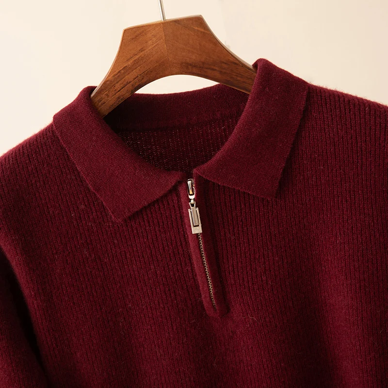 Autumn And Winter New 100% Pure Wool Men's Lapel Knitted Sweater Thickened Warm Bottoming POLO Shirt