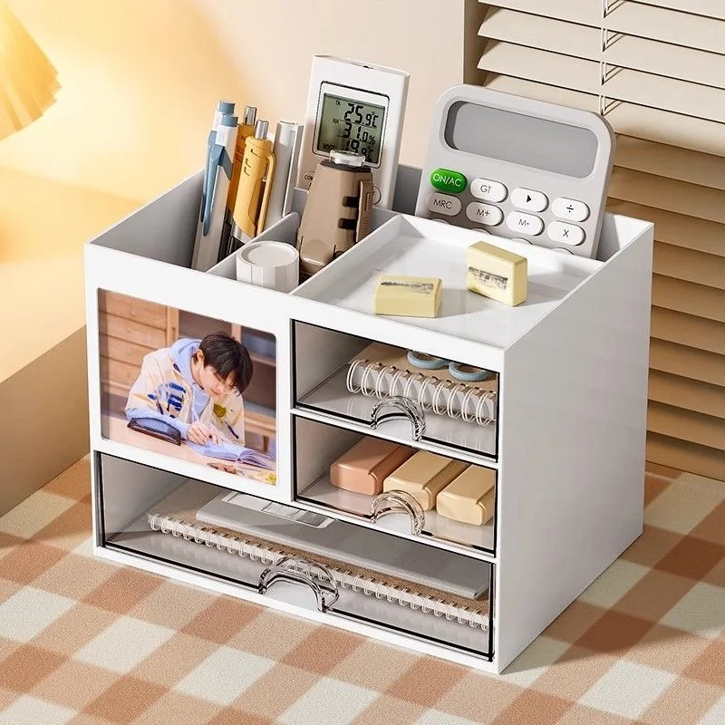 1 PC Multifunctional Desktop Storage Box with Drawers and Photo Frame, Pen Holder Suitable for Offices, Campuses and Dormitories