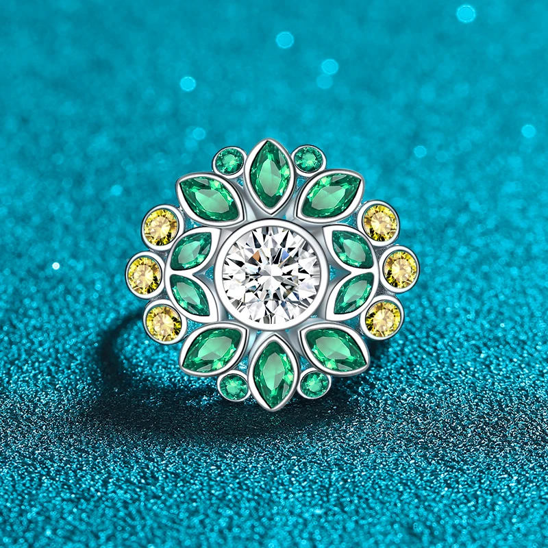 

925 sterling silver round 6.5mm white diamond emerald open ring, women's holiday jewelry wear