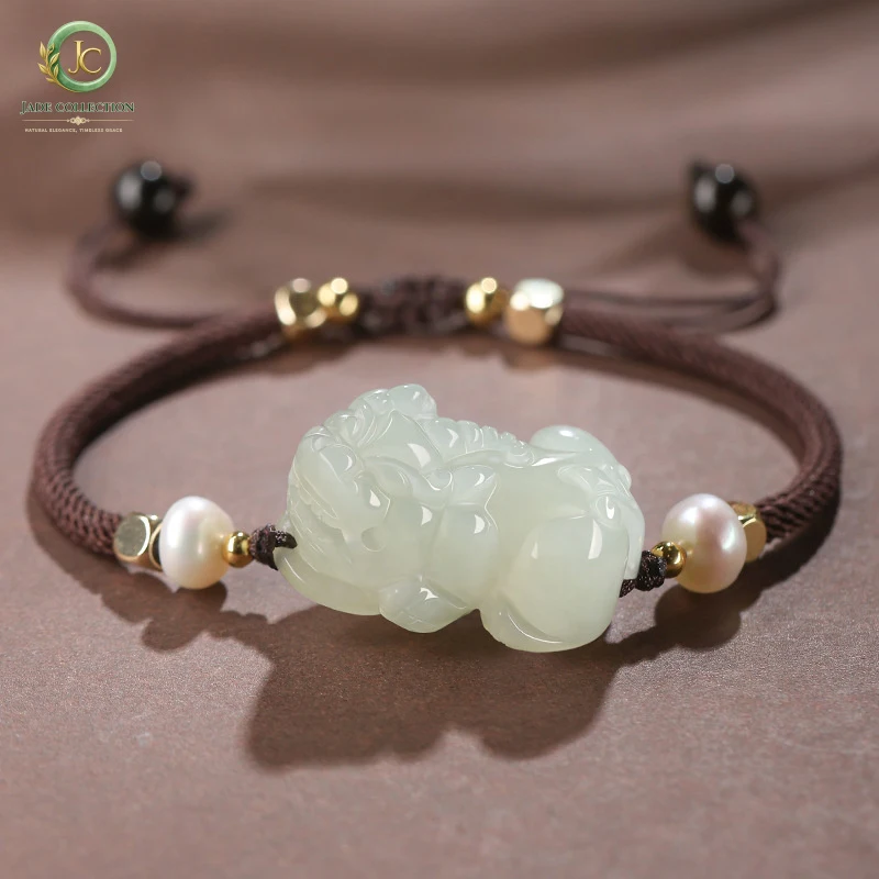 Xinjiang Natural Hotan White Jade Pixiu Bracelet for Men and Women Couples Jade Bead BraceletdiyHand-Woven