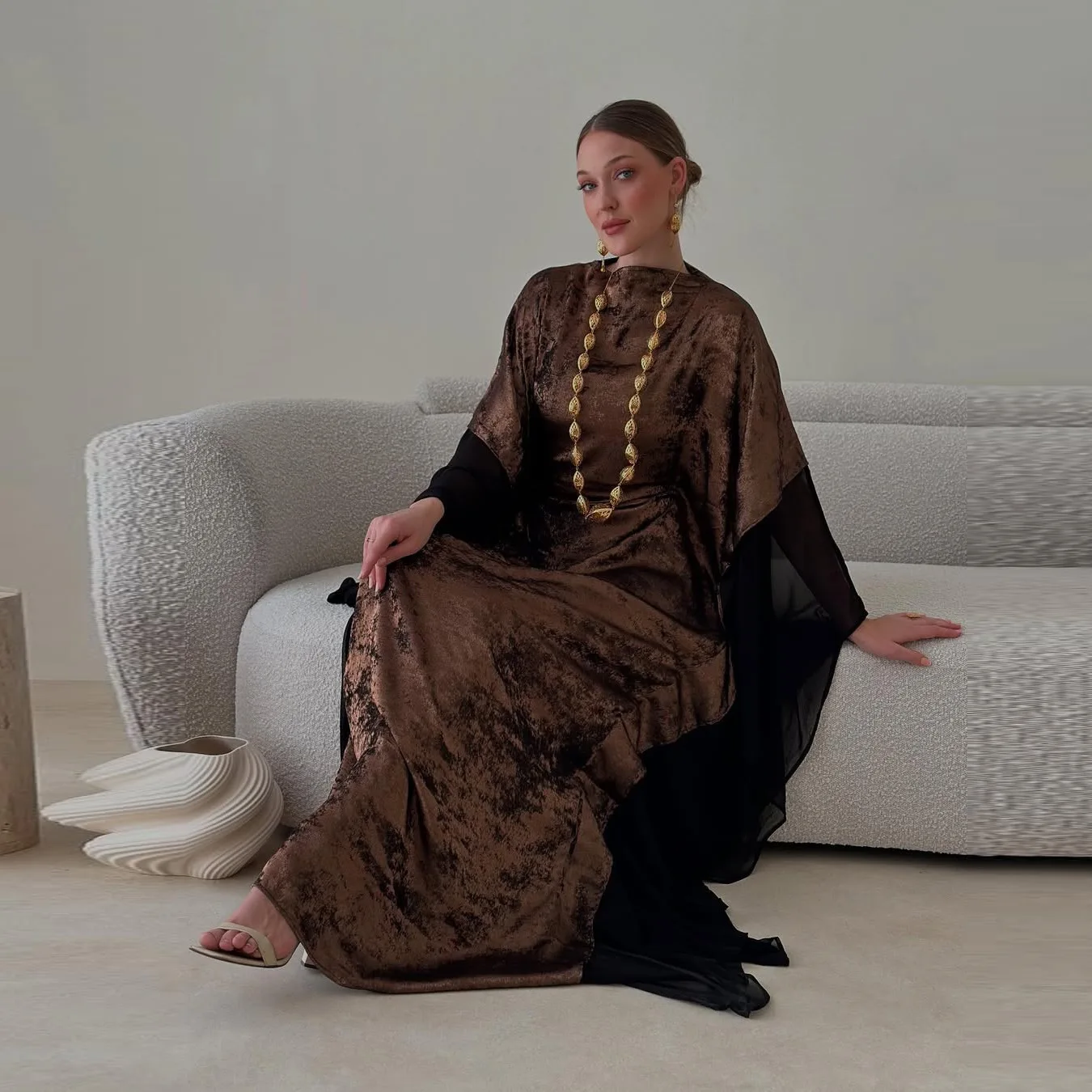 Turkey Arabic Muslim Fashion Women Chiffon Elegant Loose Fit Casual Luxury Trendy Long Sleeve Stand Collar Abaya Dress Female