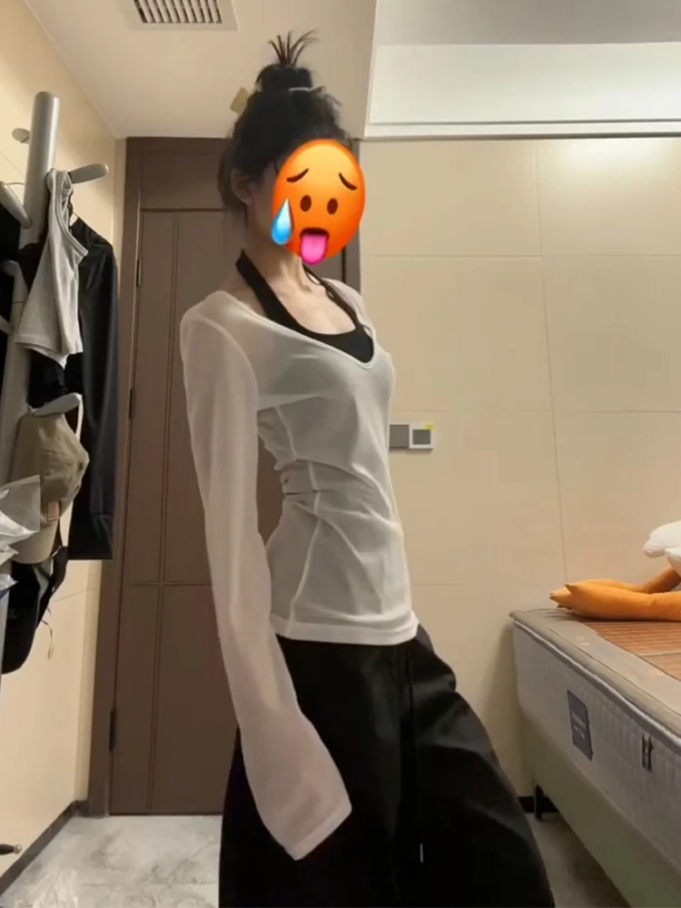 Blanc V-Ne Long Sve haut tricoté coupe ample conception mince décontracté Sle début d'automne nouveauté femmes T-shirt Polyester Co...