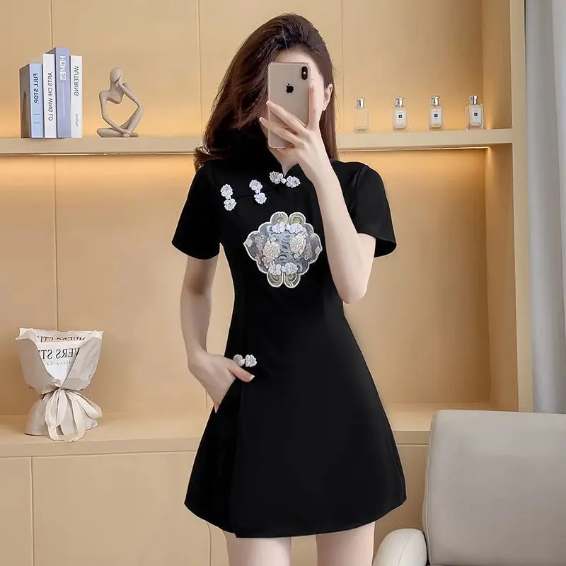 

Chinese Sexy Nightclub Dress Banquet Qipao National Flower Embroidery Cheongsam dress+shorts Oriental Hotel Spa Work Dress