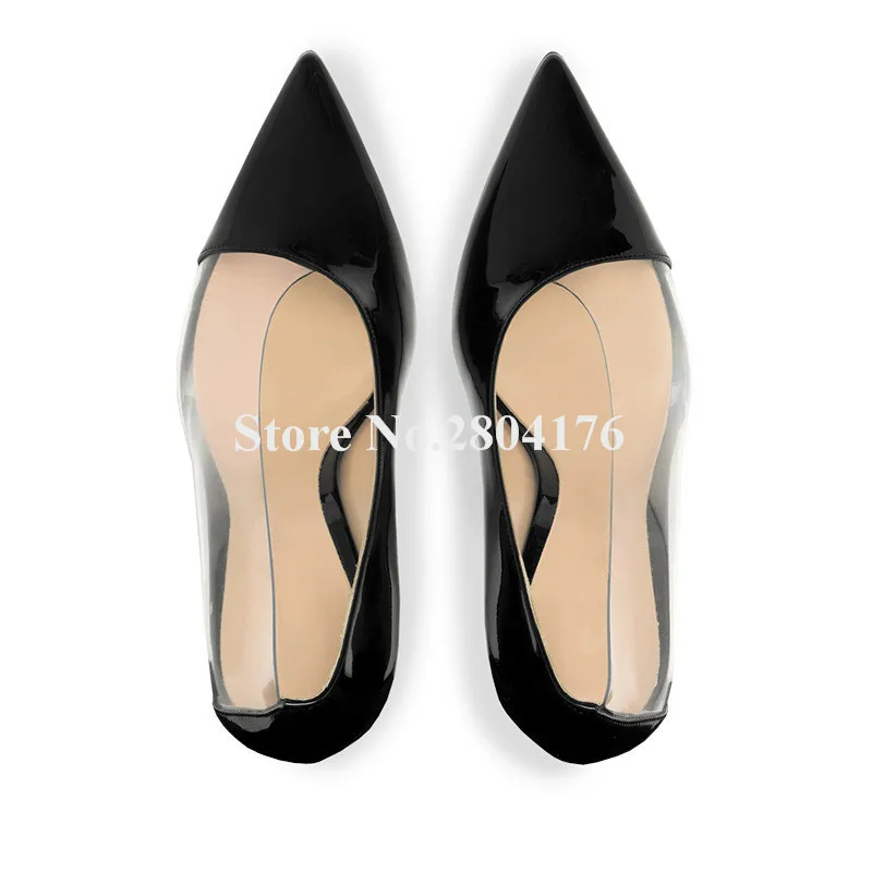 Black Patent Leather Patchwork PVC Pumps Unique Style Pointed Toe Clear Transparent Stiletto Heel Dress Shoes Slip-on Heels