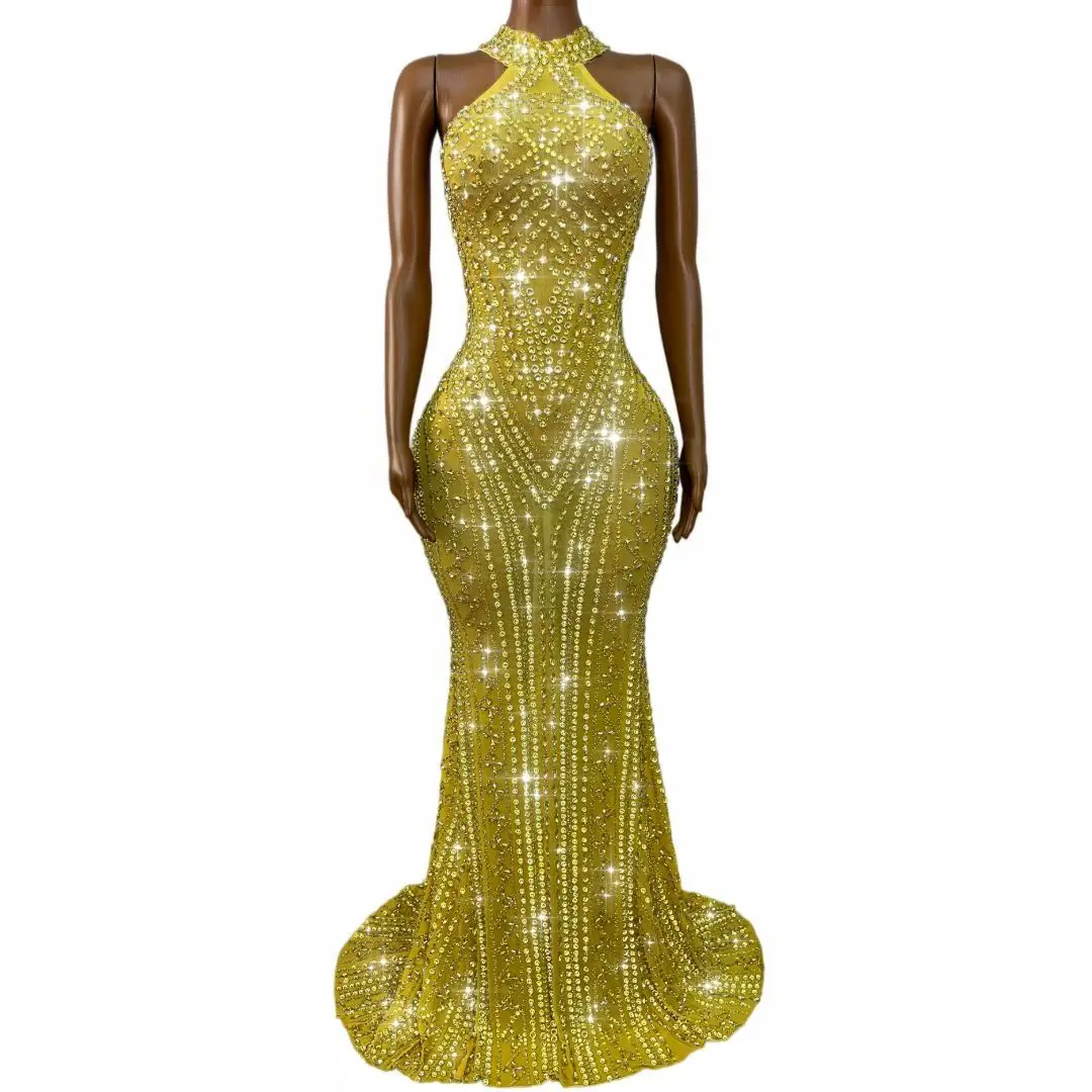 Zhusha Women Gold Rhinestone Halter Neck Mermaid Maxi Dress Sparkly Sheer Mesh Evening Gown Stage Performance Costume