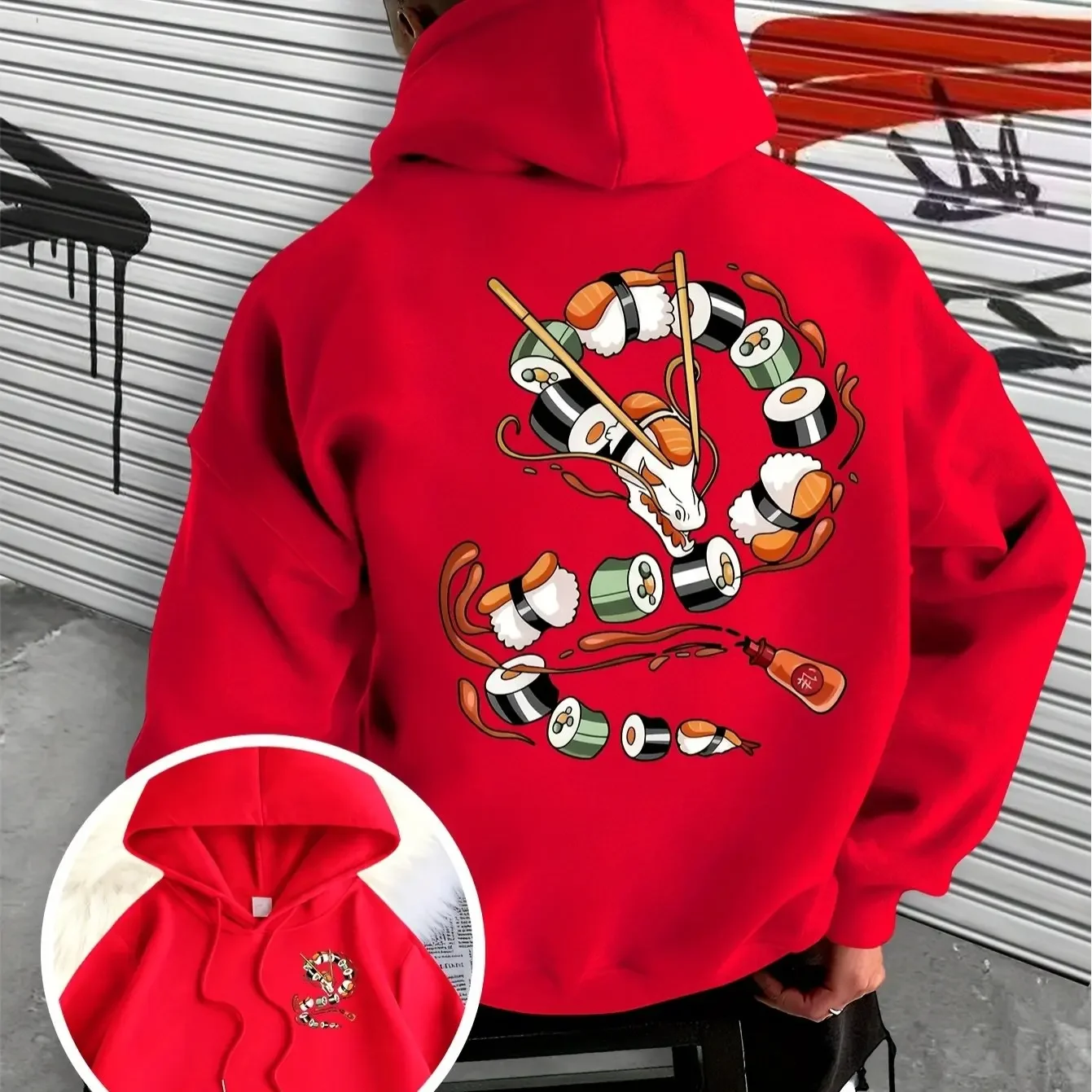 Korean Hot Trend Dragon Sushi Creative Cartoon Double Sided Print Hoodie Men Loose Oversized Unisex Pullover Sweatshirt