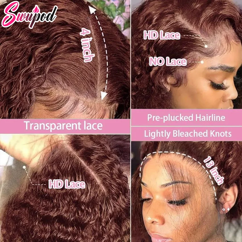 Swupod 13x4 13x6 200 Density Transparent HD Lace Front Wig for Women Deep Wave Remy Human Hair 33# Reddish Brown Color Glueless