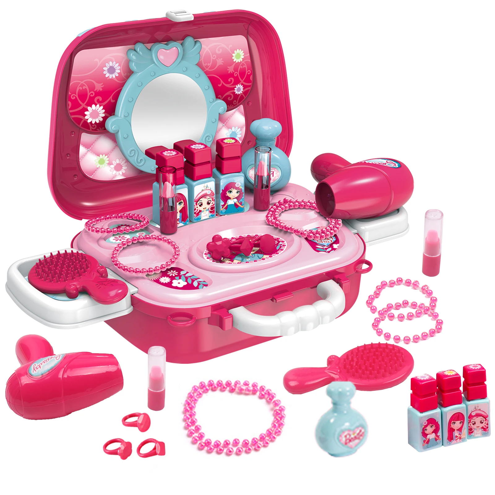 Kit de joyería con estuche de princesa, 21 piezas, incluye secador de pelo, pinceles, lápices labiales, espejo, maquillaje de imitación, juego de