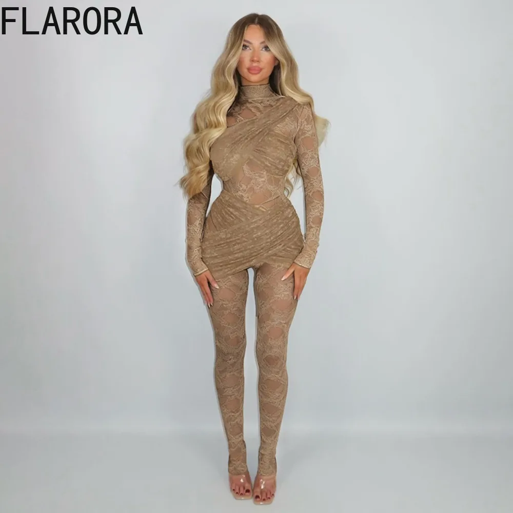 FLARORA Sexy Lace Jacquard Patchwork Jumpsuits Woman See Through Cross Bandage Midnight Stretch Bodycon Club Activity Overalls