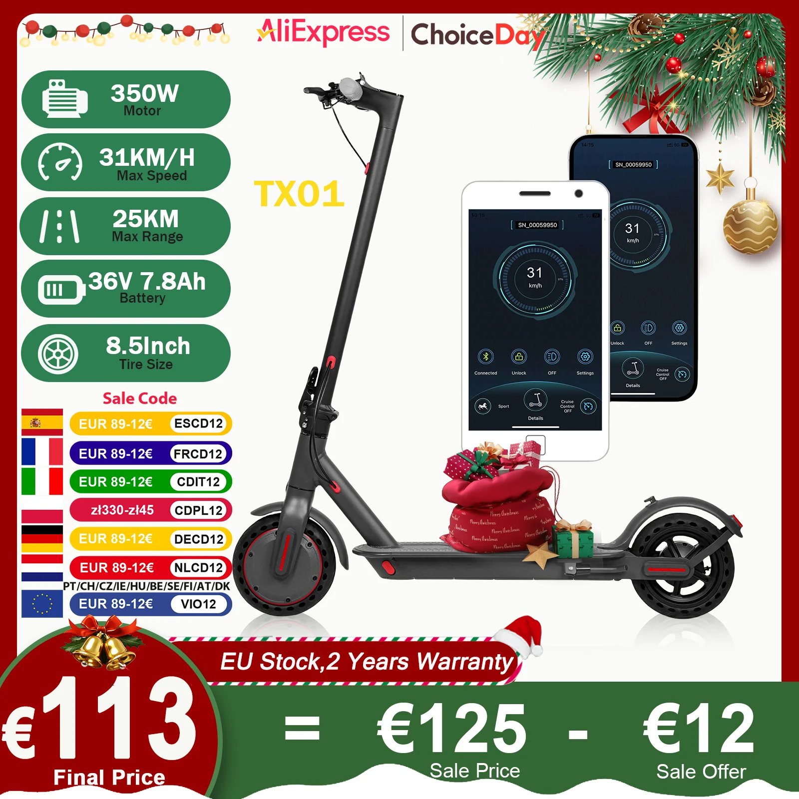 JUICEASE-patinete eléctrico TX01 para adultos, Scooter plegable con Motor de 2025 W, 36V, 7,8 Ah, 25 KM de alcance, neumáticos de 31KM/350 pulgadas con aplicación, 8,5
