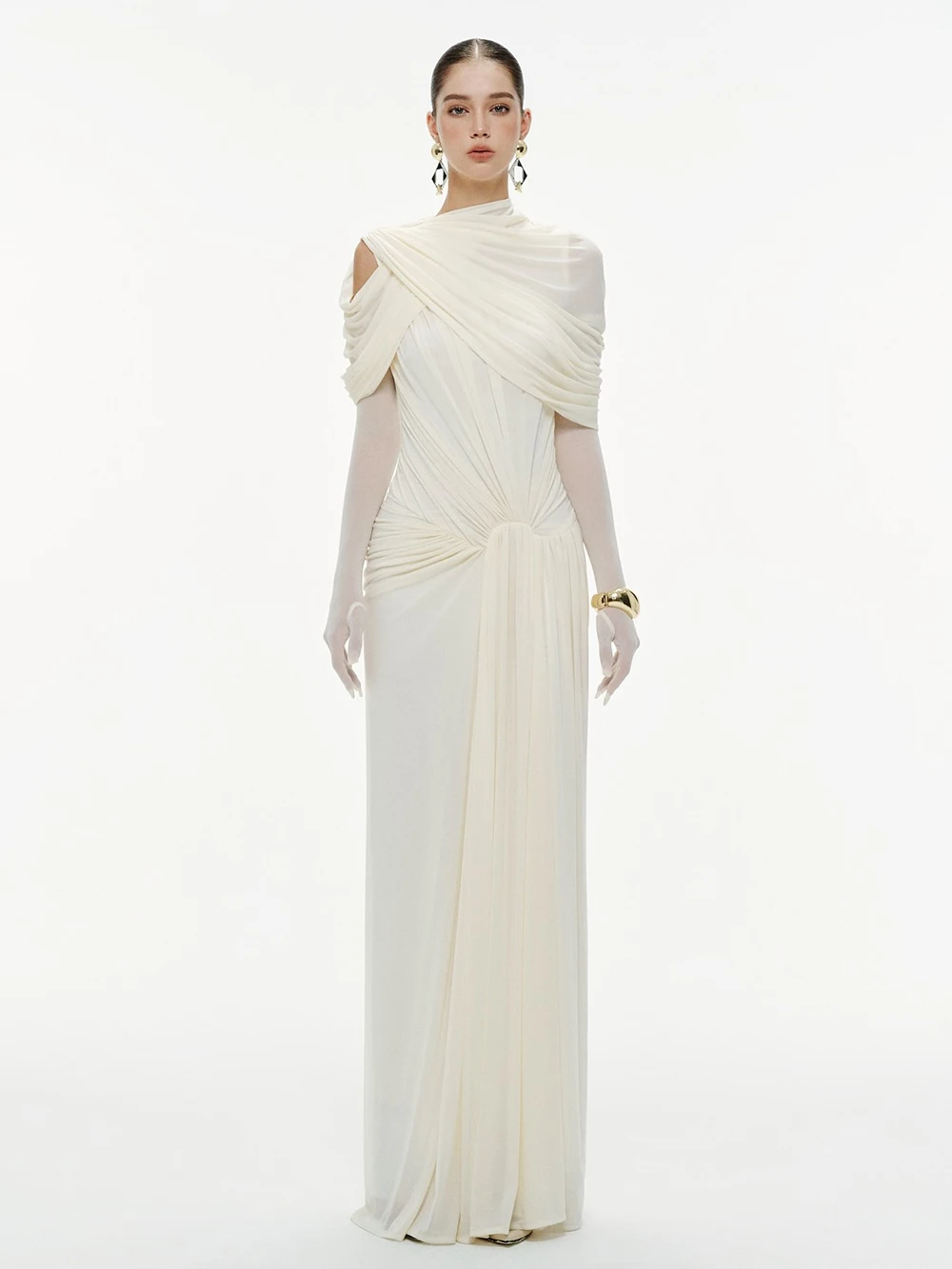 Modphy Apricot Spliced Mesh Folds Shawl Design Long Dresses For Women Sleeveless High Waist Temperament Maxi Dress Female 2026