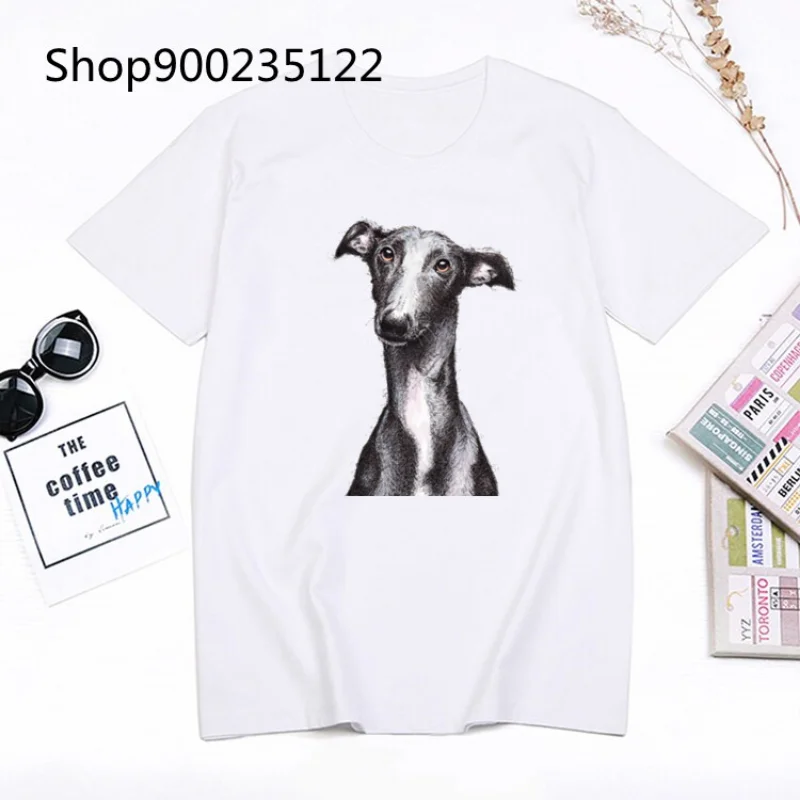 Greyhound Dog Women Funny Tshirts Print Ladies T-shirt Girl Y2K Basis O-collar White Shirt Short Sleeved Summer female Clothing