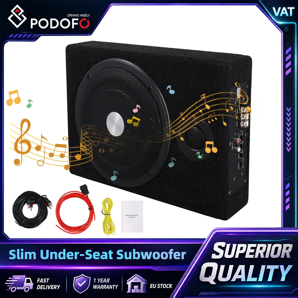 Podofo, subwoofer da 8 pollici, sottile, da montare sotto il sedile, subwoofer per auto con amplificatore integrato, potenza massima 600 W, impedenza 4 Ohm, bassa frequenza 50-200 Hz, sensibilità 90