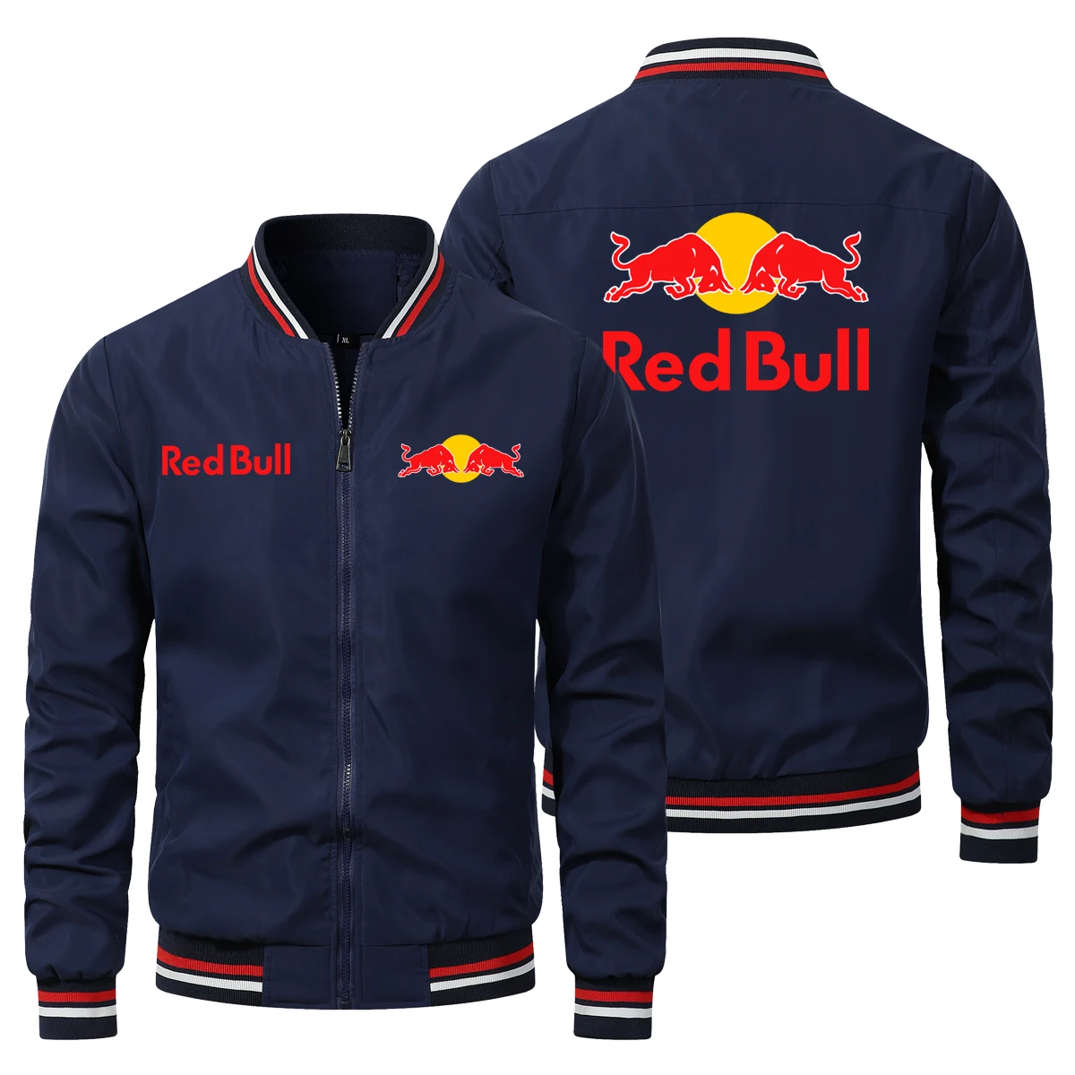 Chaqueta de moto informal de estilo retro para hombre con logo Red Bull, adecuada para carreras de motos, resistente al viento y con cremallera.