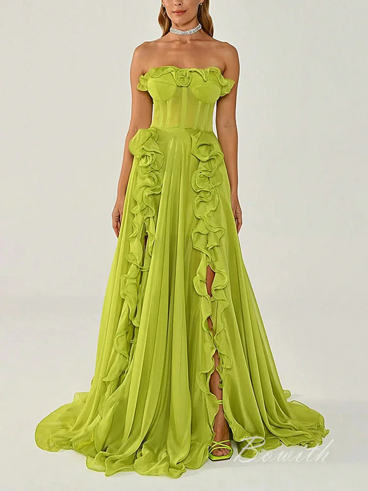 Bowith Bright Green Party Dresses Sleeveless Sexy Evening Dress Strapless Ruffles Prom Gown Elegant Maxi Dress vestidos de gala