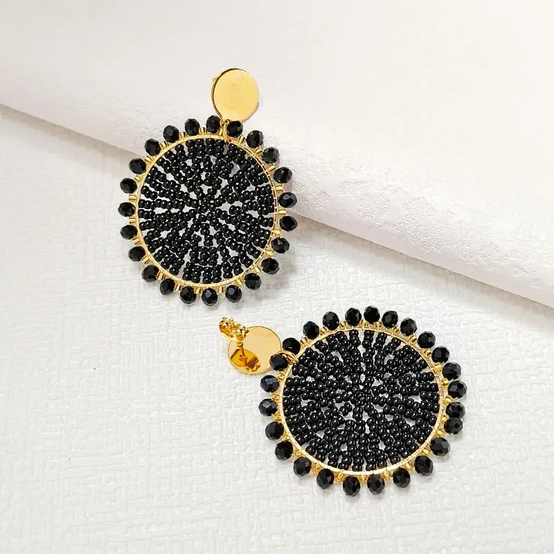 ZGMXR Rice bead earrings Roundness Sunflower  Black. Hollow out Hand knitting Bohemia Alloy Fashion Simple Beaded earrings