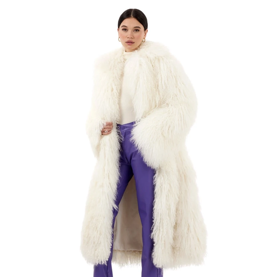 สุภาพสตรีมองโกเลียแกะขนสัตว์ยาวหนังแกะจริงสําหรับผู้หญิงทิเบตLamb Fur Coat 2024