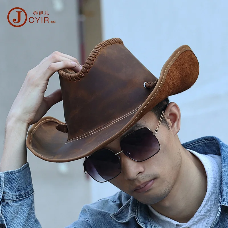 New Fashion Personalized Western Denim Leather Hat Cowhide Knight's Cap Summer Outdoor Sun Protection Hat for Men