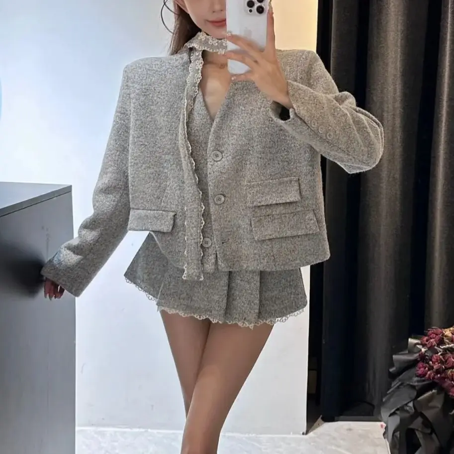 Korea Two-Piece Lace Splicing Ribbon Suit Jacket Feminine Half-Length Pleated Skirt Chic High-End Niche Suit