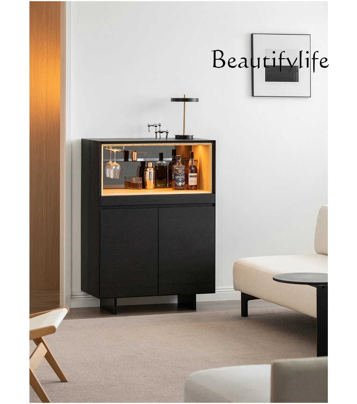 

Solid wood living room dining side cabinet integrated tea cabinet against the wall black storage porch display cabinet