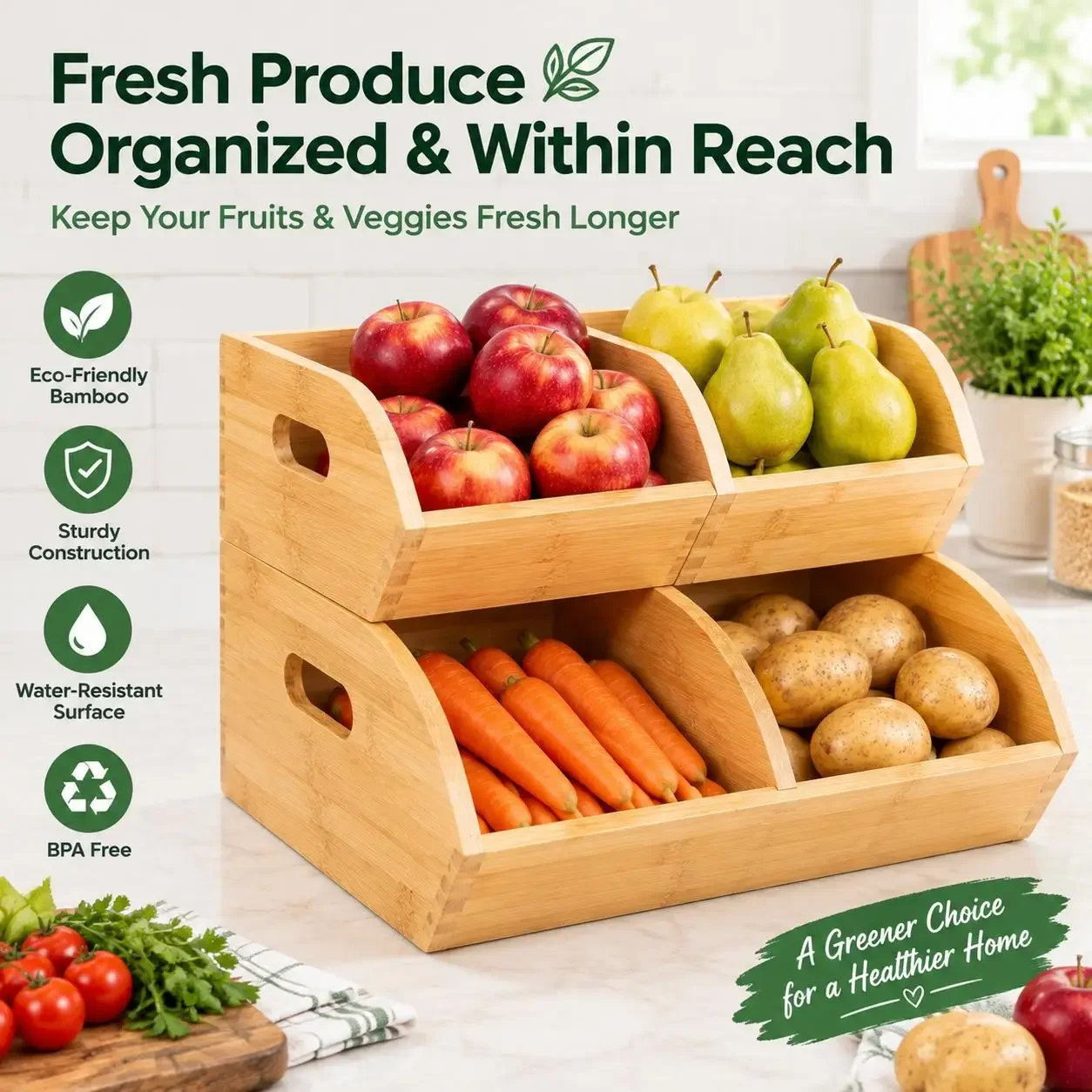 3Pcs Bamboo Stackable Potato Onion Storage Bins Ventilated Kitchen Pantry Countertop Organizer Boxes with Handles Wooden Fruit Vegetable Basket Bulk Food Container Cabinet Space Saver
