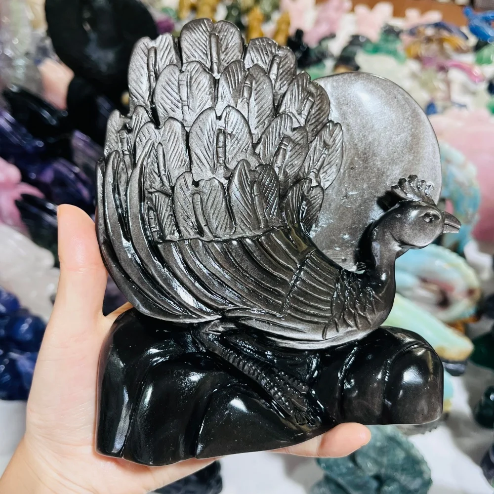 Hand Carved Natural Silver Obsidian Peacock Crystal Statue - Unique Home Decor Collectible Gift - Crystal Sculpture