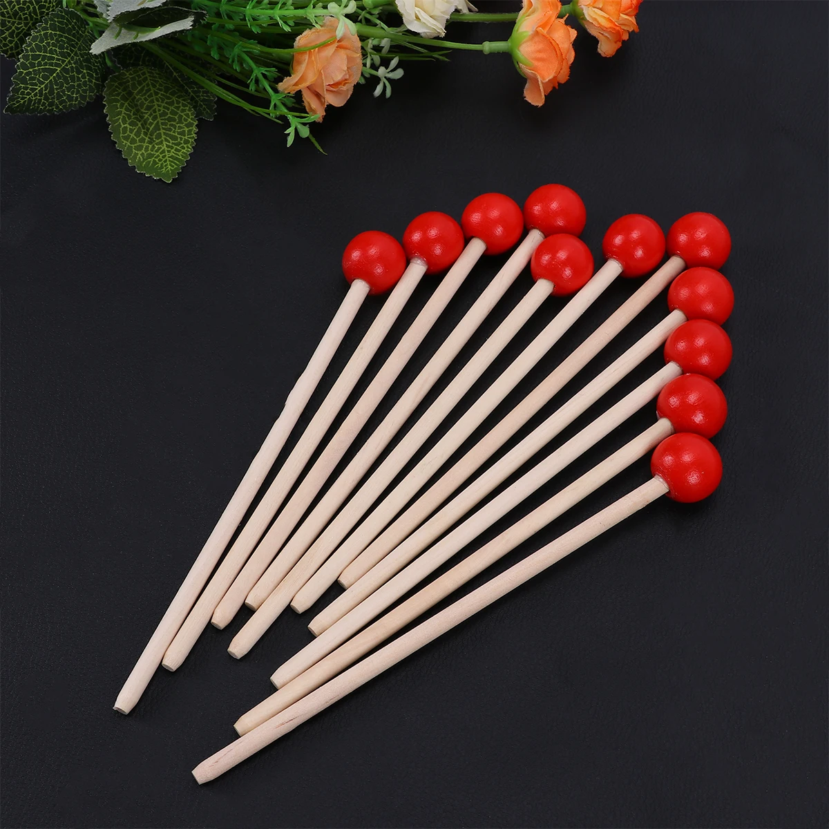 12pcs Wooden Drumsticks Durable Mallet Percussion Accessory with Wood Handle Instrument Supply for Kids Children Toddler (Red)