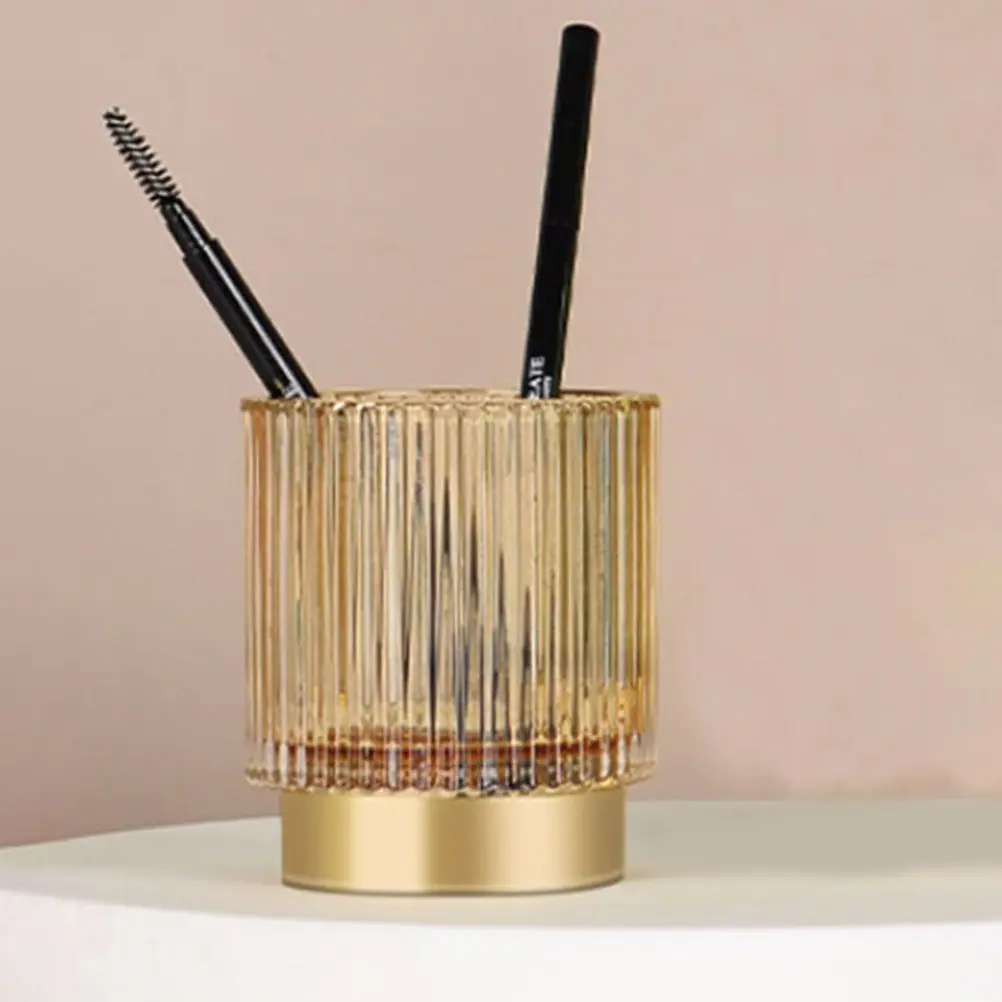 Thick Glass Makeup Brush Holder Organizer Stylish Striped Design for Daily Brushes Eyeliner Pencils Pens Desktop