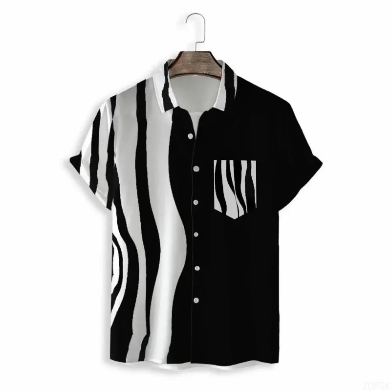 

Men's Clothing Summer New Arrival Korean Style Slim Fit Digital Print Black and White Stripes Casual Loose Fit Short Sleeve