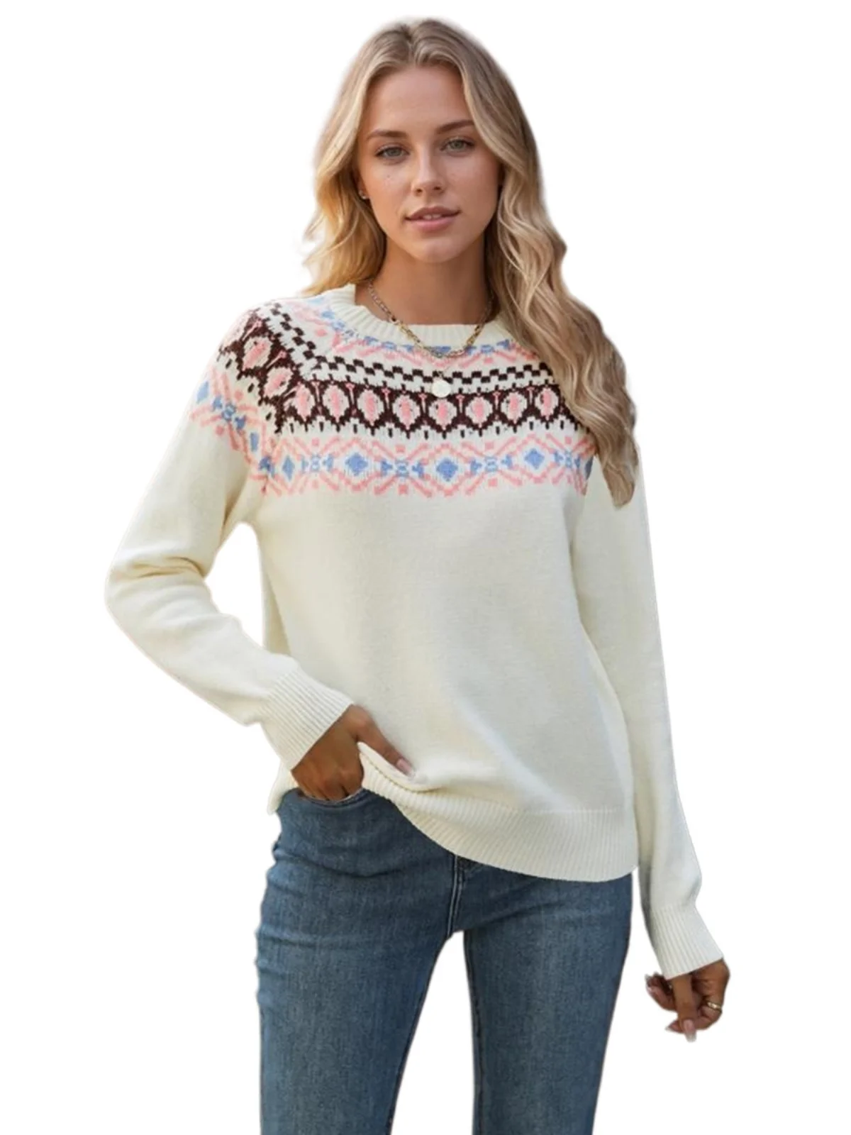 

Вязаный свитер в стиле ретро, женский осенне-зимний новый круглый свободный крой, мягкий ленивый топ с цветочной вышивкой