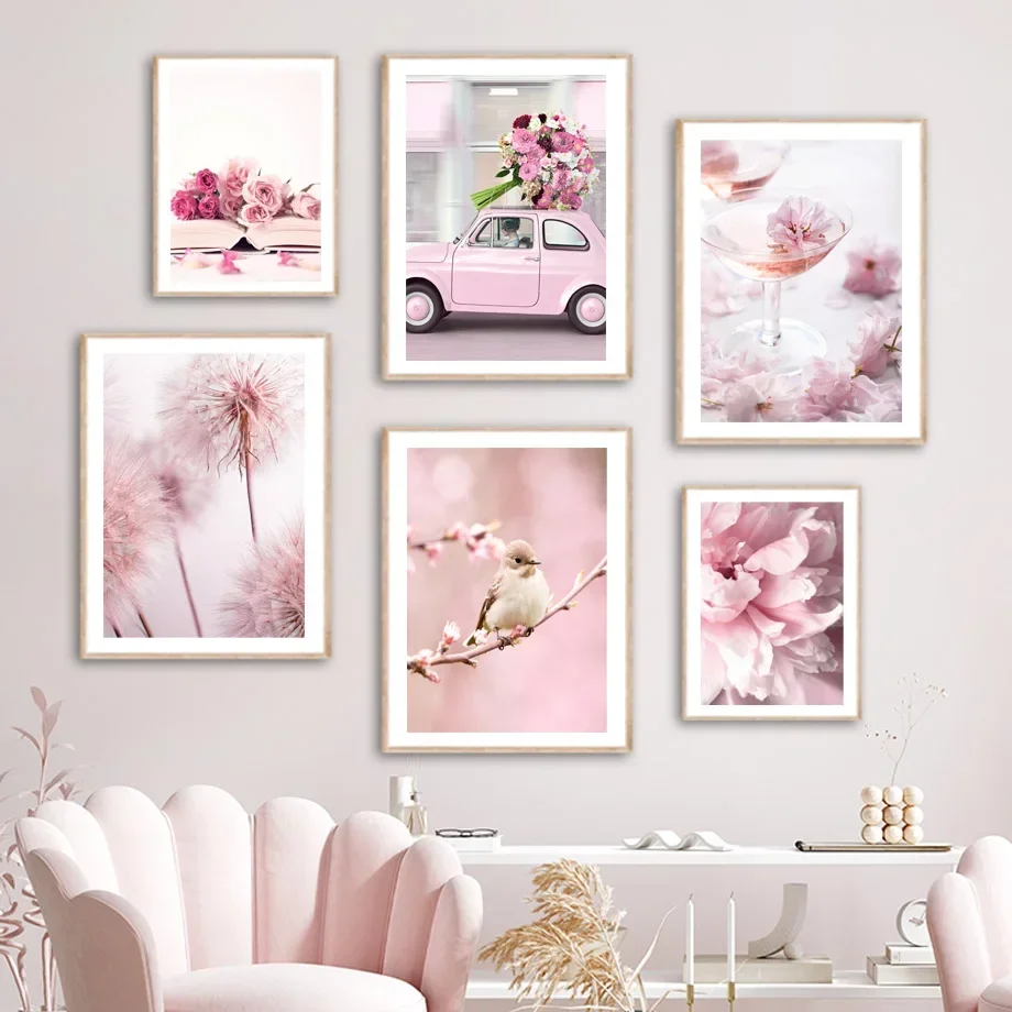 (No frame)1Pc Frameless Spring Pink Rose Peony Sakura Dandelion Orchid Sparrow Car Garden Posters Flower Wall Art Canvas Pain