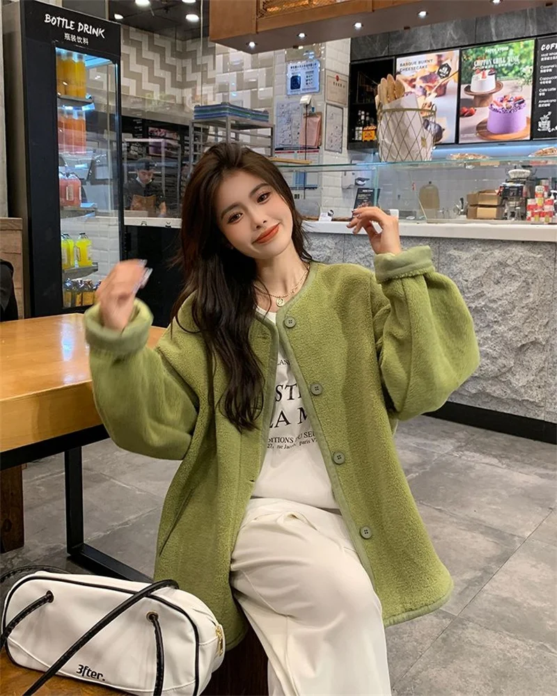 Autumn and Winter Lamb Fleece Thickened Warm Coat 2023 New Fashion Round Neck Sweet and Fresh Long Sleeve Women's Wear Commuting