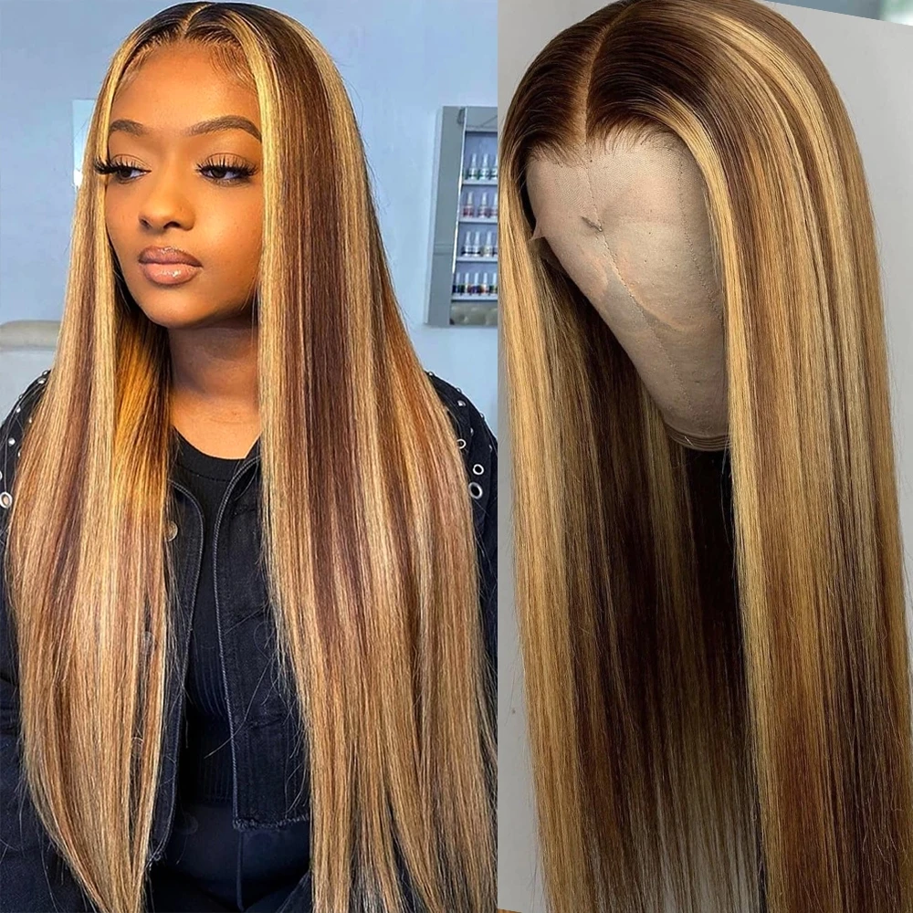 

Highlight Straight 13x6 HD Transparent Lace Frontal Wigs Human Hair 200 Density 13x4 HD Lace Front P4/27 Colored Wig For Women