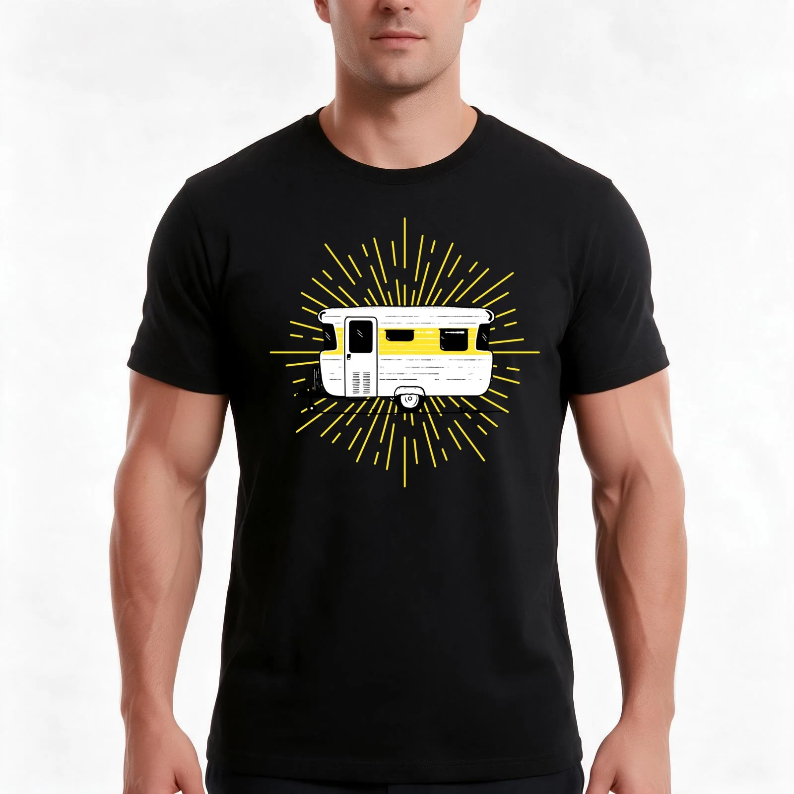 Viscount Caravan Illustration - Yellow T-Shirt, Summer Casual Cotton Tee, Oversized Streetwear Tops, Vintage Graphic Print