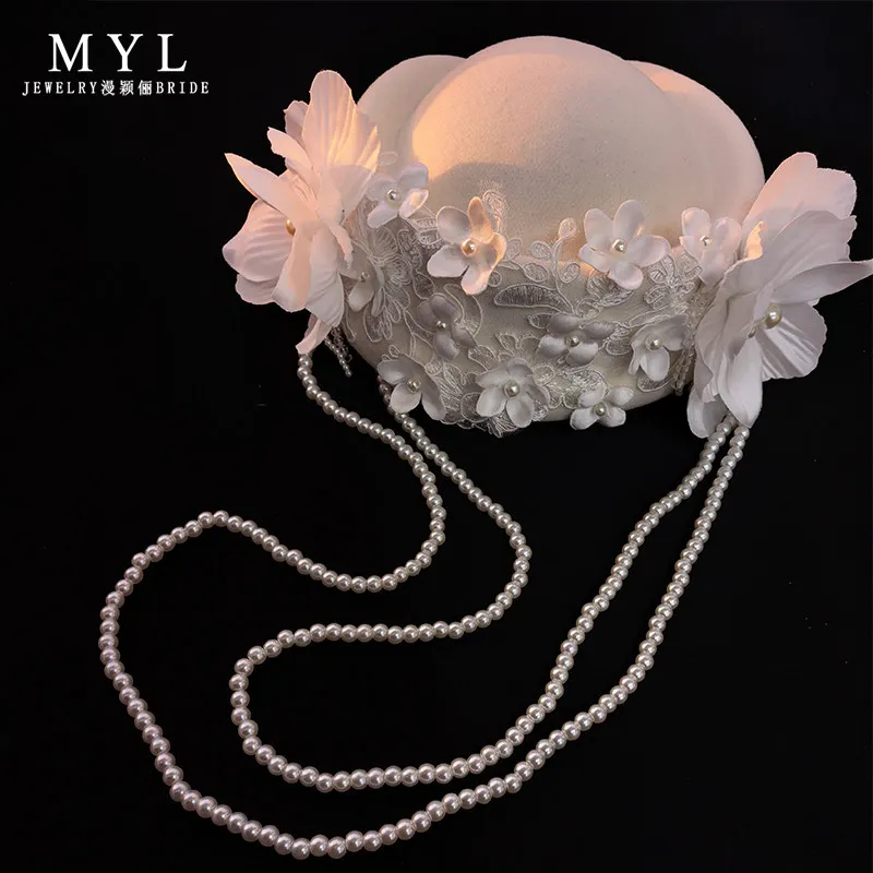 High End Pearls Chain Lace Flower Fedora Cap Headwear Ladies French Wedding Wool Felt Fascinator Hat Photo Shoot Party Headdress