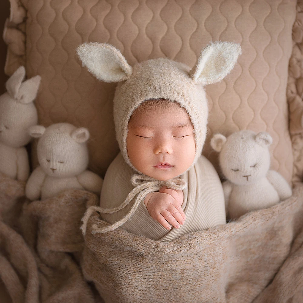 White Bunny Hat Newborn Photography Props Knitted Infant Girl Rabbit Hat Animal Newborn Bonnet Winter Baby Photo Accessories