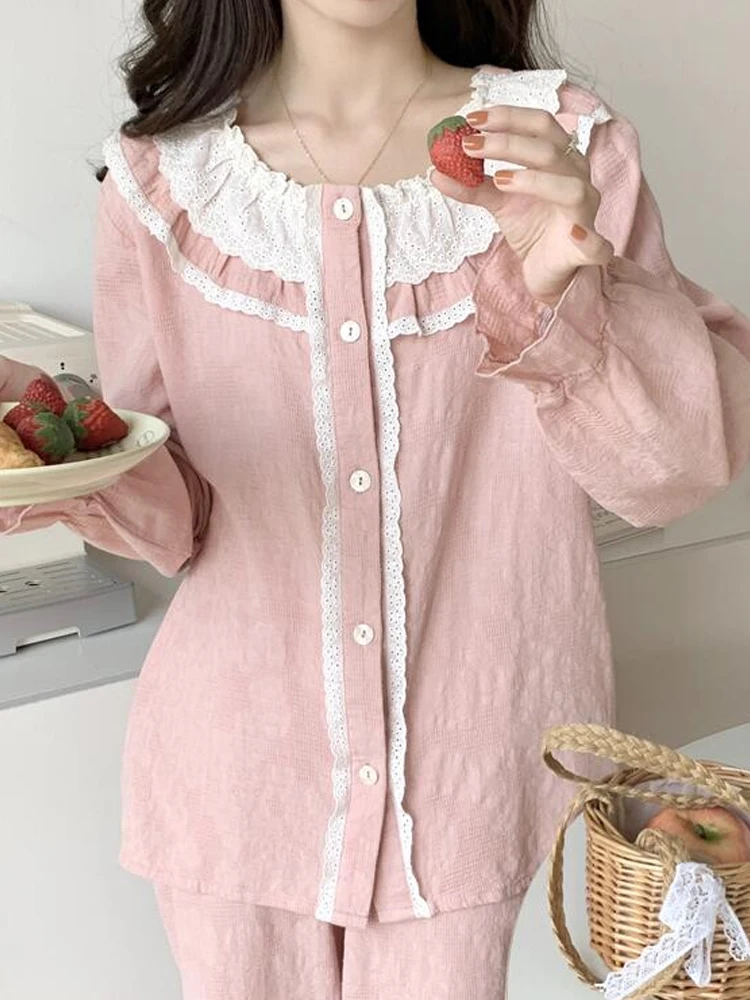 

O-Neck Full Sleeve Sweety Princess Lace Ruffles Single breasted Tops Pants Vintage Pajamas Suit 2 Piece Night Wears Home Clothes